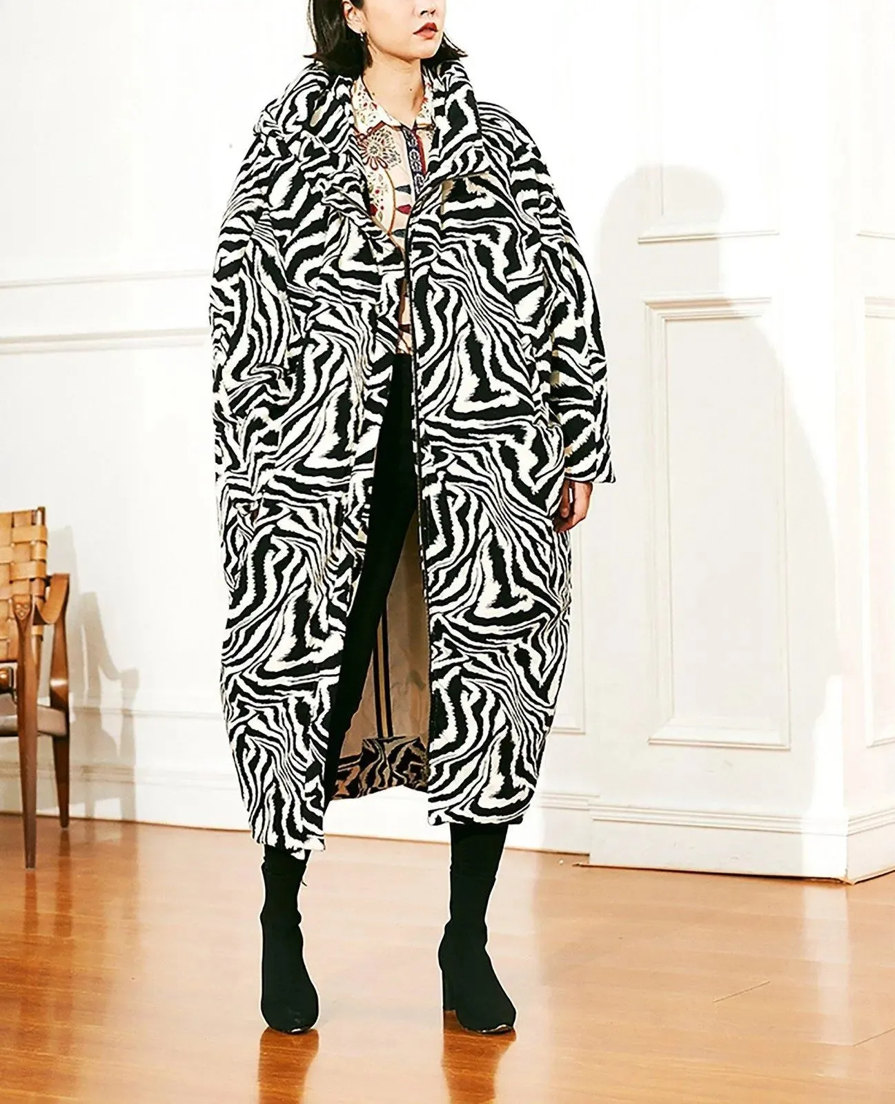 Zebra Hood Long Down Puffer Coat