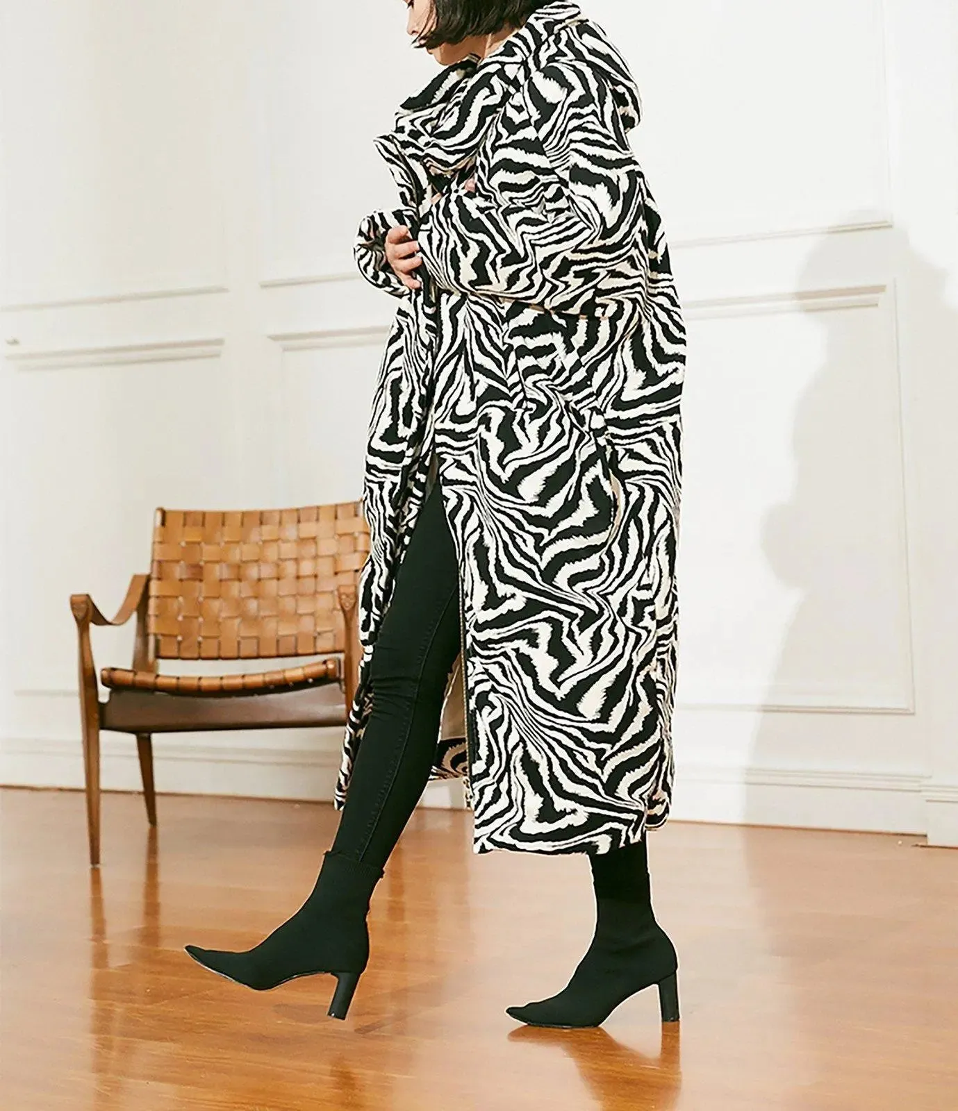 Zebra Hood Long Down Puffer Coat