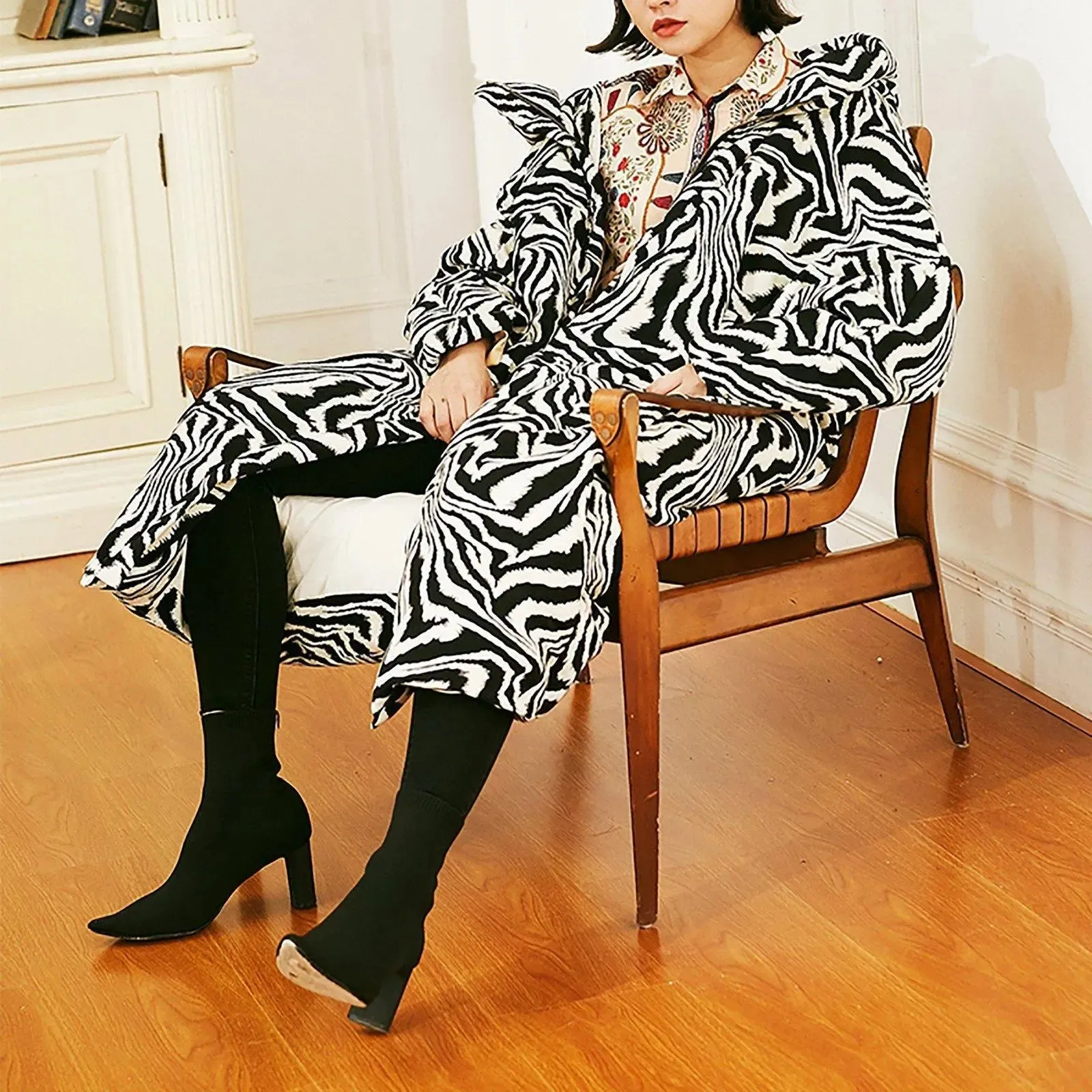 Zebra Hood Long Down Puffer Coat